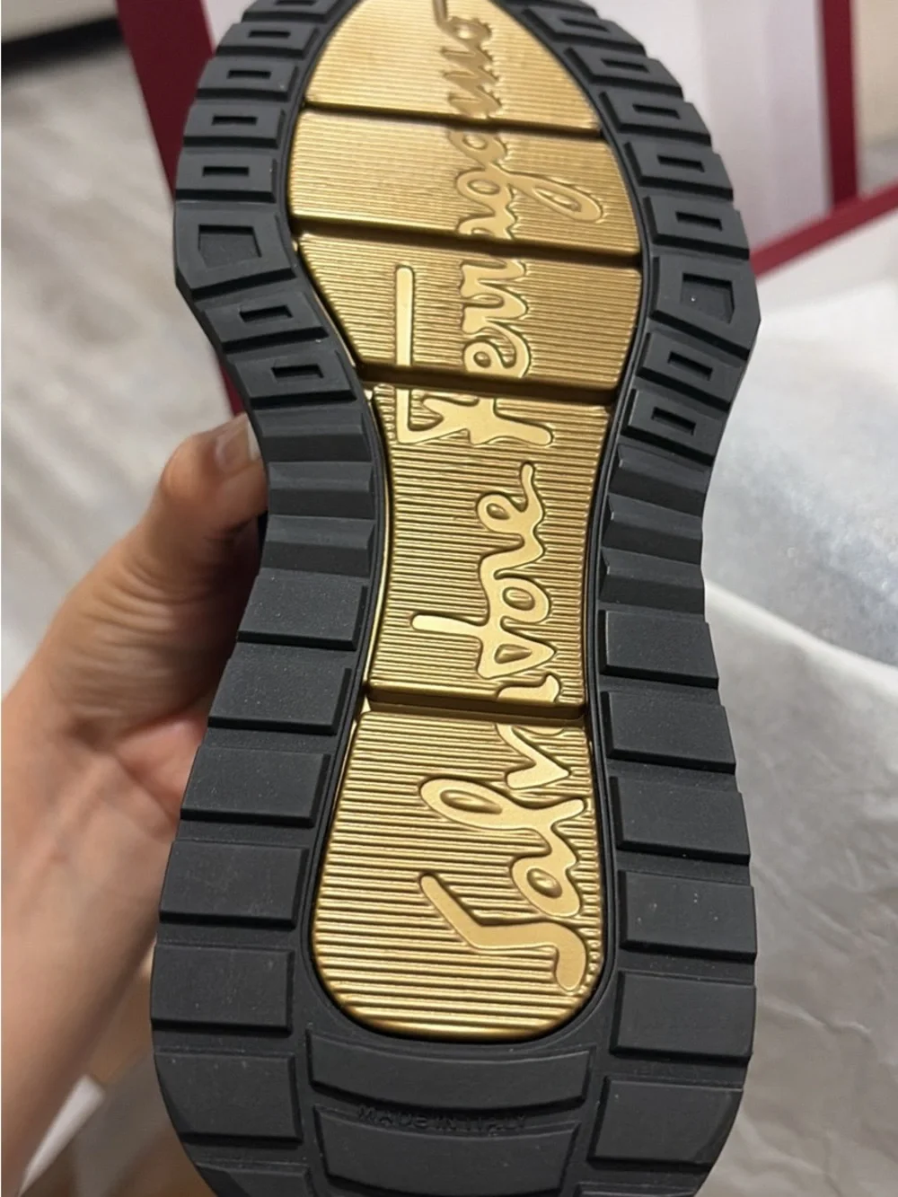 Salvatore Ferragamo Black Knit Sock Sneaker with Gold Accent